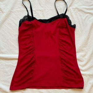 Cache Red & black corset style ruched cami top with black floral lace detailing